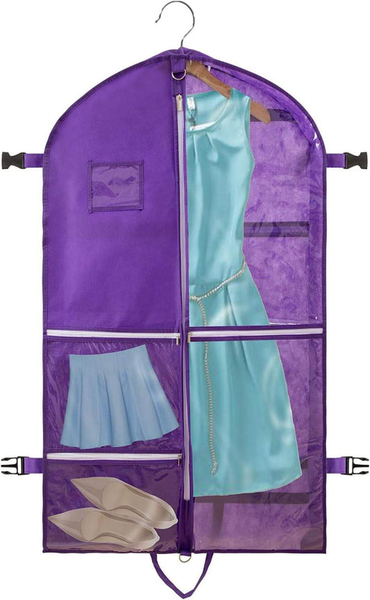 Foldable purple garment bag with 5 mesh pockets and clear PVC front pocket