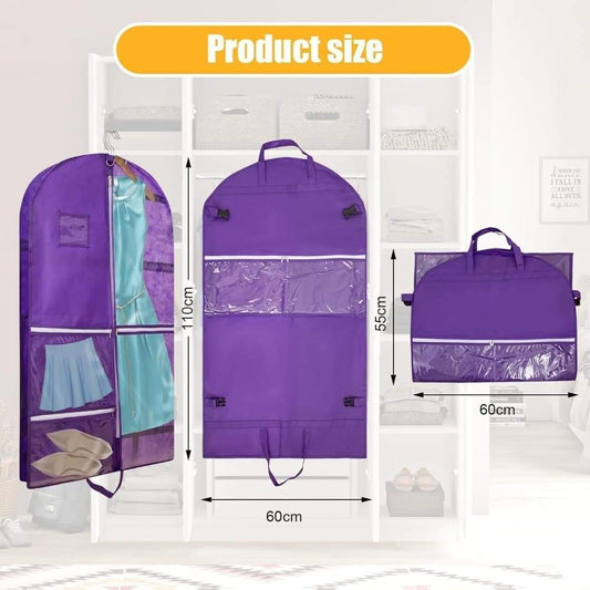 Purple foldable garment bag with 5 pockets, hanging hook, and zip front