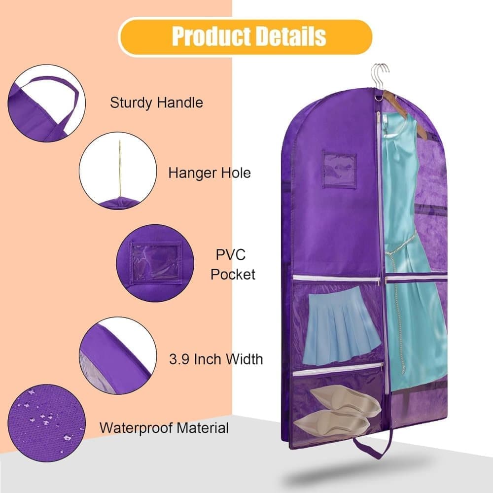 1 Foldable Garment Bag with 5 Pockets, 110x60 cm, Purple
