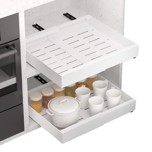 White two-tier pull-out cabinet storage shelf holding cups and small jars