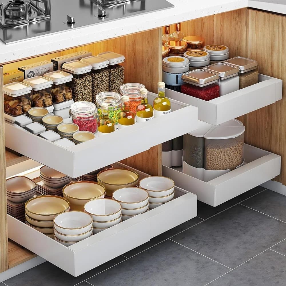 1 Layer Adjustable Metal Storage Shelf for Cabinets, Telescopic Drawer Pull-Out, Compatible with Kitchen Cabinet, 32–52 x 42 x 7.5 cm