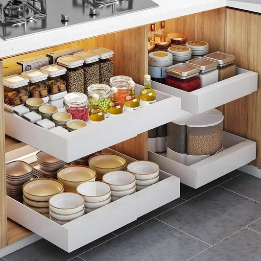 White corner pull-out storage shelf with two levels for pantry jars and plates