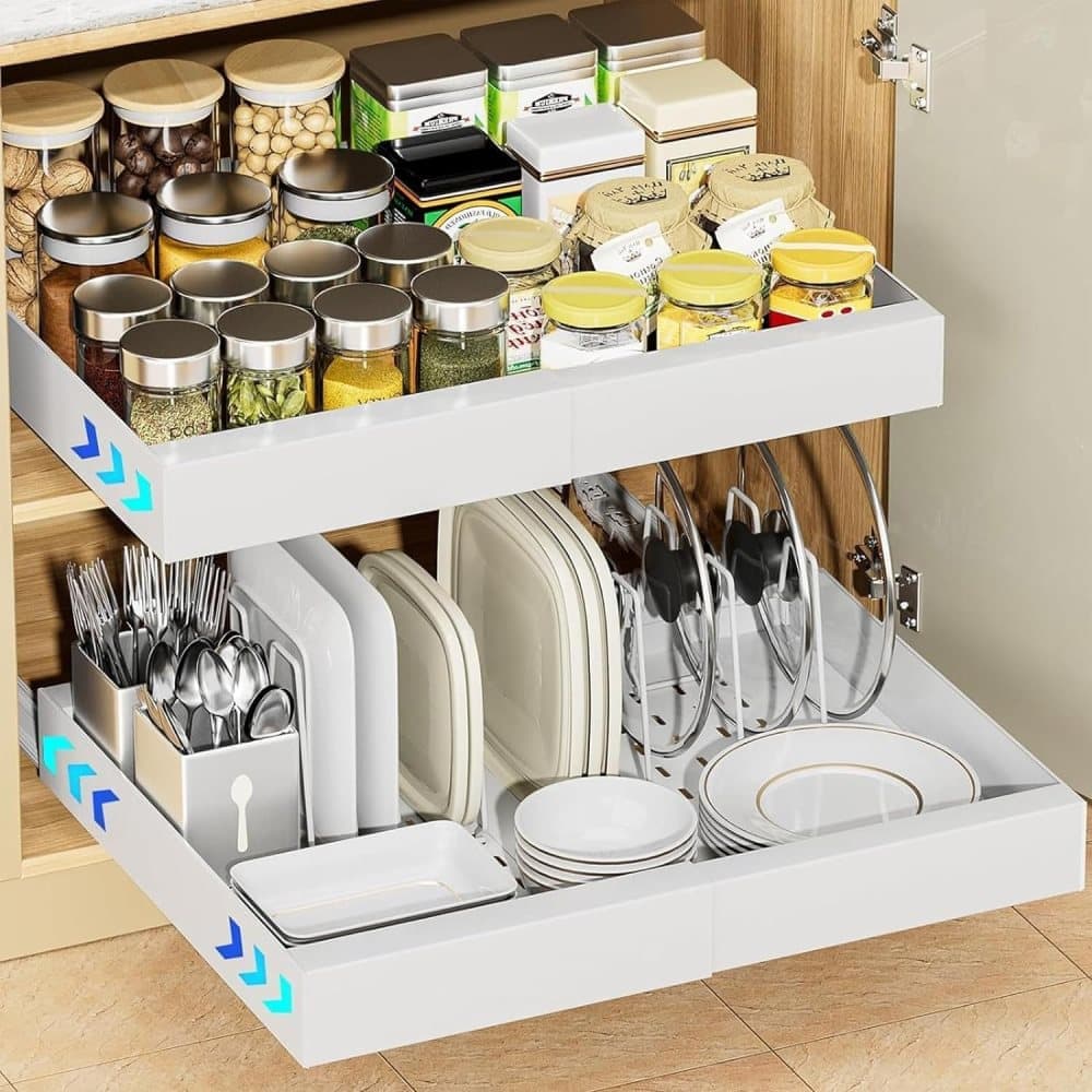 1 Layer Adjustable Metal Storage Shelf for Cabinets, Telescopic Drawer Pull-Out, Compatible with Kitchen Cabinet, 32–52 x 42 x 7.5 cm