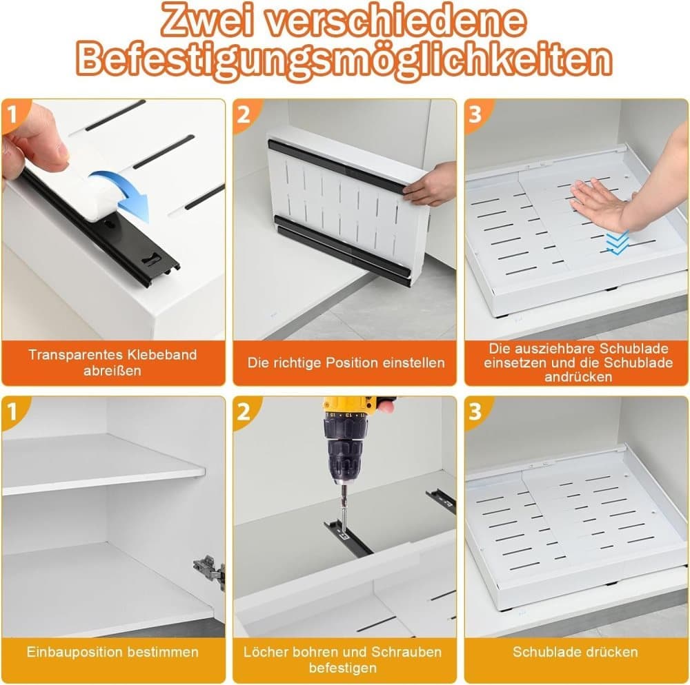 1 Layer Adjustable Metal Storage Shelf for Cabinets, Telescopic Drawer Pull-Out, Compatible with Kitchen Cabinet, 32–52 x 42 x 7.5 cm