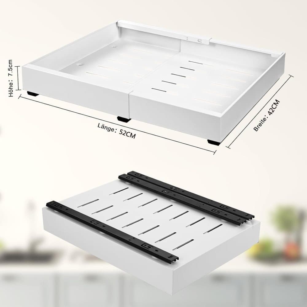 1 Layer Adjustable Metal Storage Shelf for Cabinets, Telescopic Drawer Pull-Out, Compatible with Kitchen Cabinet, 32–52 x 42 x 7.5 cm