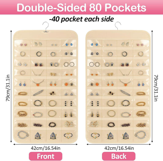 Beige double-sided jewelry organizer with clear pockets for earrings and necklaces