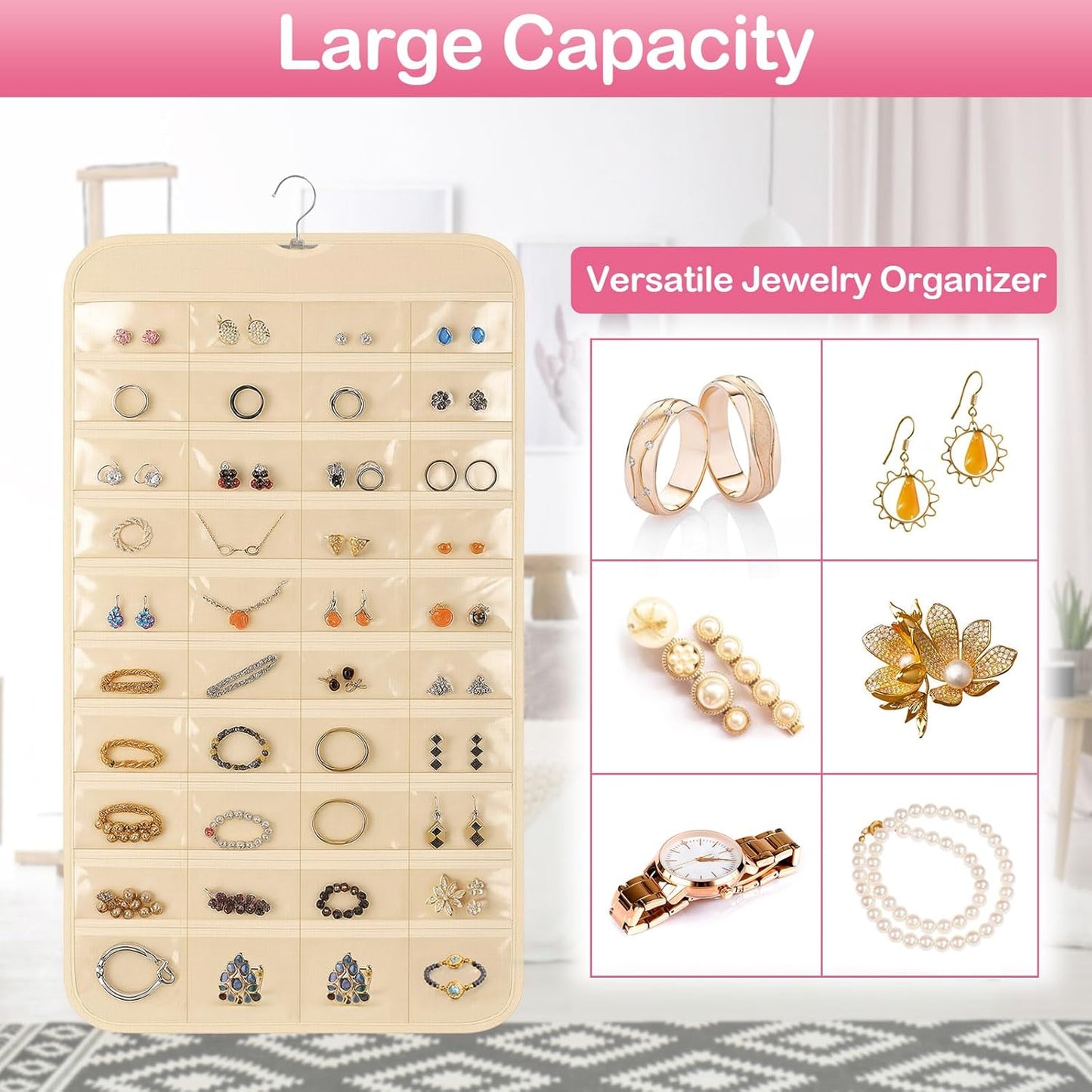 1 Pack Hanging Jewelry Organizer, 80 Clear Pockets earring organizer and storage, Accessories holder organizer for Closet, Jewelries, Necklace, Travel