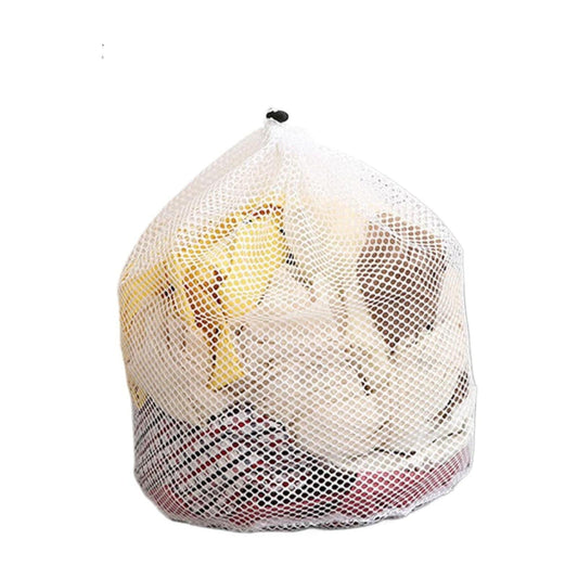 White diamond-mesh laundry bag with drawstring closure, large hamper liner