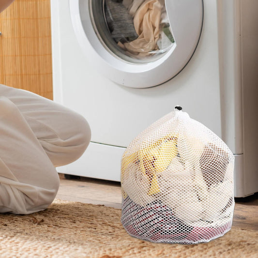 Large white drawstring laundry mesh bag with visible laundry items inside