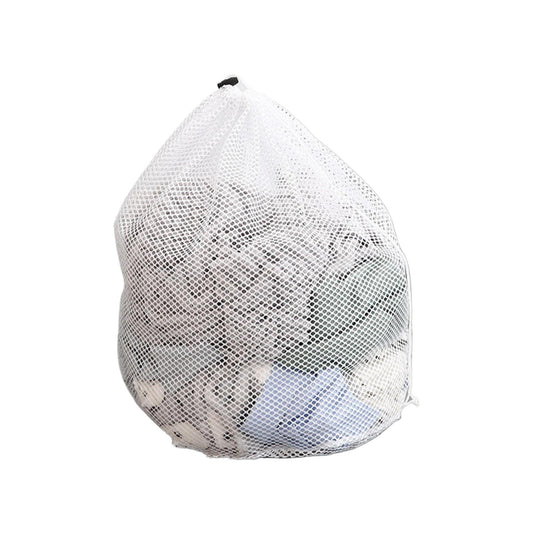 White diamond-mesh laundry bag with drawstring closure, open-top sack shape.