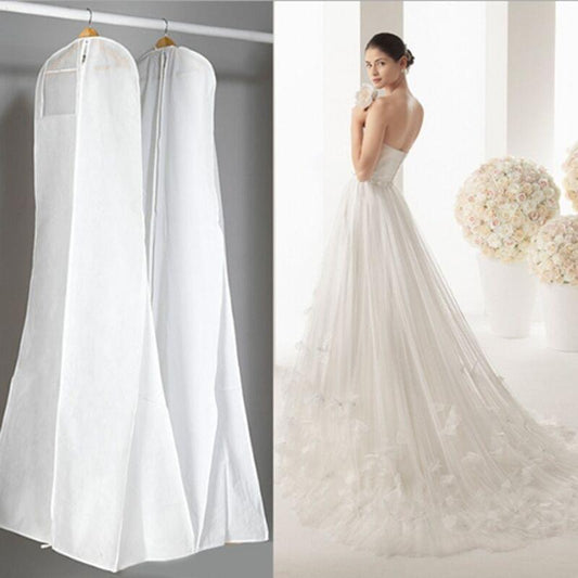 White nonwoven wedding dress dust cover with hanger loop, full-length bag