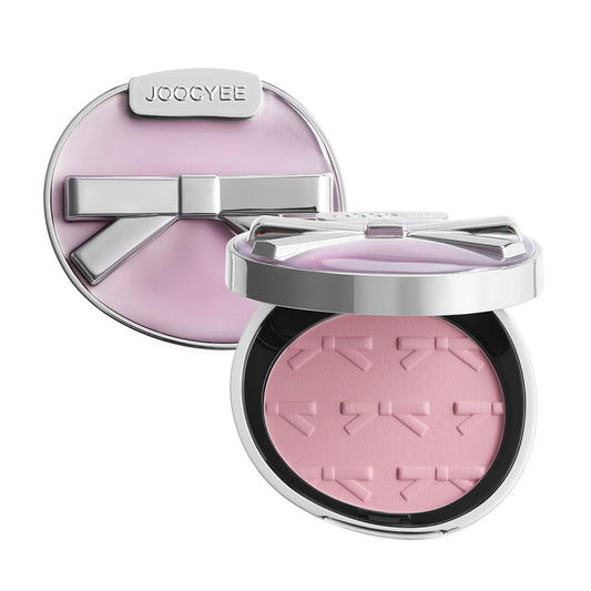 Silver Bow blush and highlighter compact set with pink powder pan and mirrored lid