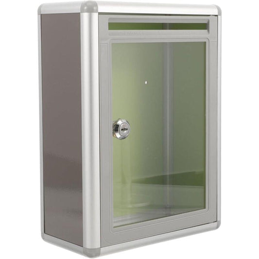Wall-mounted clear plexiglass lockable donation mailbox with metal frame