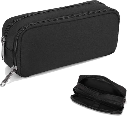 Large black zip stationery case with metal zipper and smooth outer shell.
