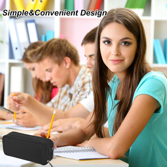 Black zip stationery case open flat, showing inner compartments for supplies.