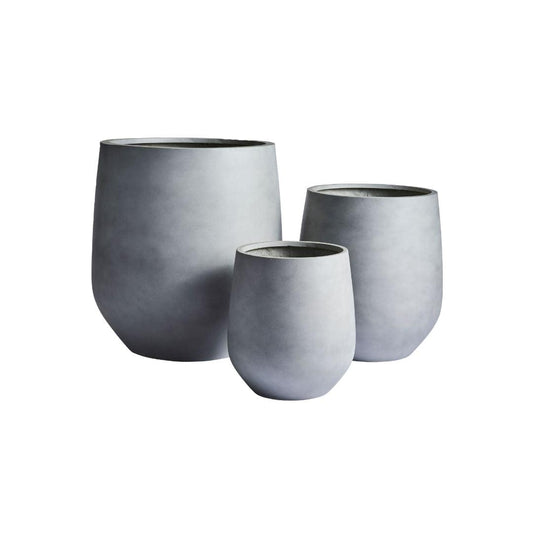 Charcoal-gray planter set: two large and one small round pots with plants.