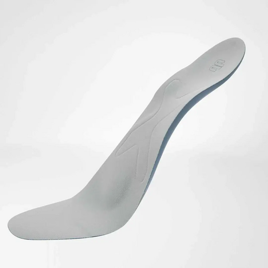 Light gray contoured shoe insole with raised arch support, front view