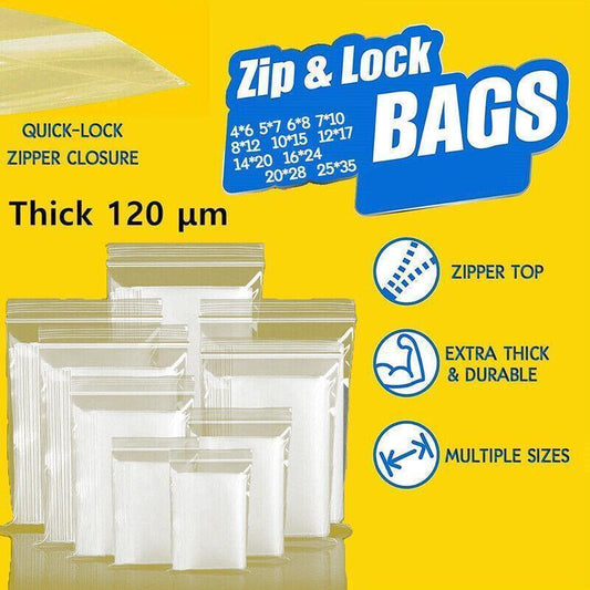 Clear resealable zip-top plastic storage bags, thick, assorted sizes set