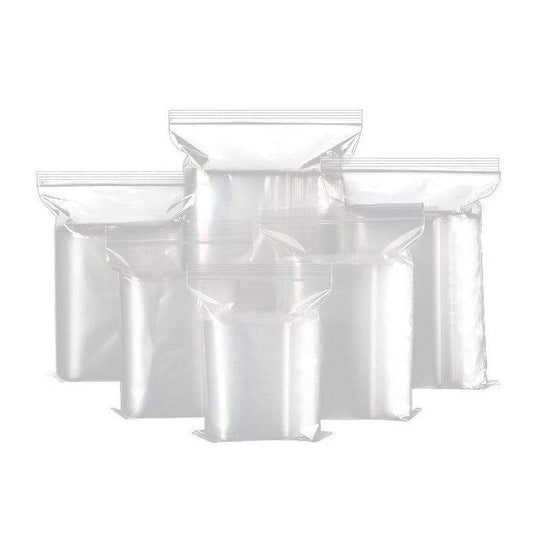 Set of clear resealable zip-top plastic bags stacked with zipper closures