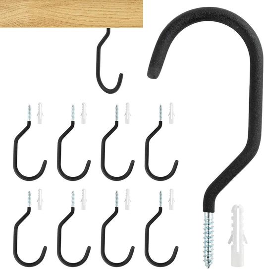 Black J-shaped wall hooks with mounting screws, shown in a group