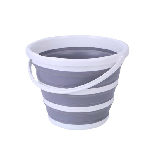 Grey and white collapsible silicone bucket with white rim and side loop handles