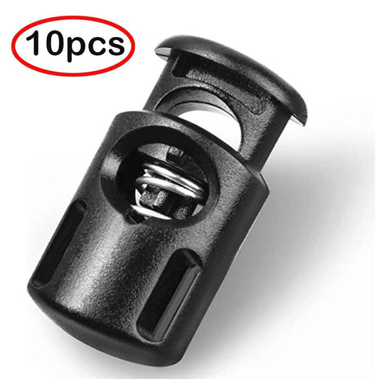 Black plastic spring cord lock with metal spring insert for drawstrings