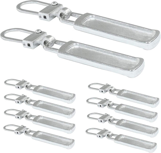 Silver metal detachable zipper pull tabs with key ring loops, set of 10