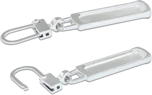 Silver metal zipper pull tab with circular ring and rectangular clip, detachable
