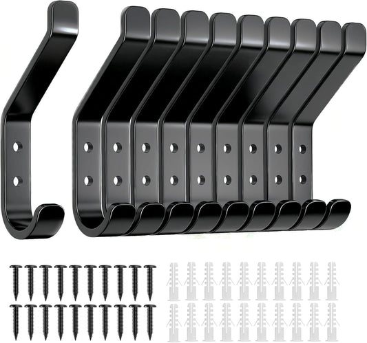 Black stainless coat hook set, 10-pack with curved hang arms and mounting screws