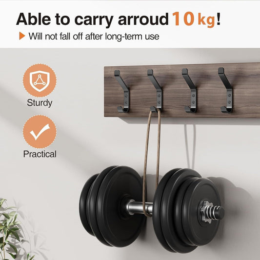 Wall-mounted black coat hook rack on a wooden board, multiple curved hooks