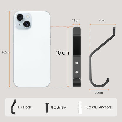 10-Pack Coat Hook for Hanging, 10KG (Max), Stainless Wall Hooks for Towel, Hat, Backpack, Key, Clothes, Wall Mounted Coat Hanger for Closet, Black 10 CM
