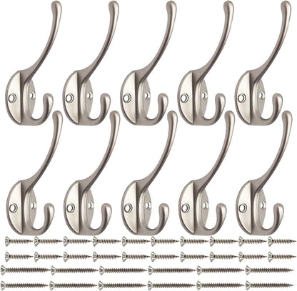 10 Pack Dual Coat Hooks Wall Mounted with 40 Screws Retro Double Hooks Utility Silvery Hooks for Coat, Scarf, Bag, Towel, Key, Cap, Cup, Hat (Silvery)