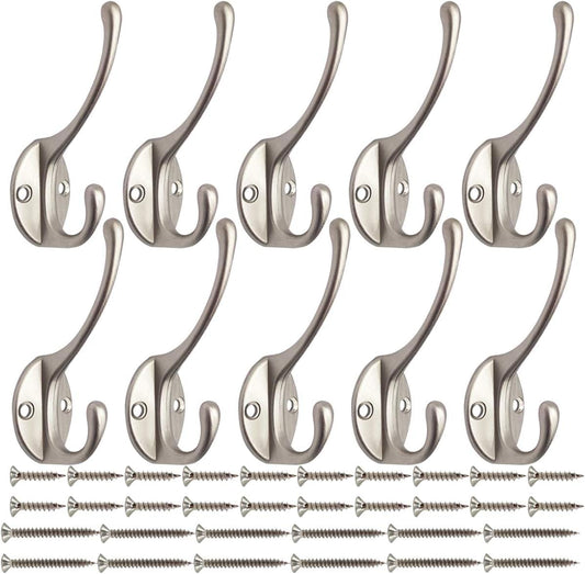 Silvery double coat hook set, 10 wall hooks with mounting screws