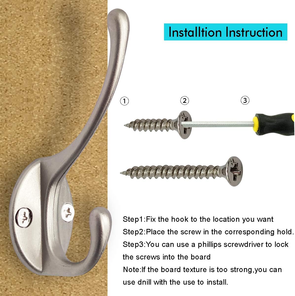 10 Pack Dual Coat Hooks Wall Mounted with 40 Screws Retro Double Hooks Utility Silvery Hooks for Coat, Scarf, Bag, Towel, Key, Cap, Cup, Hat (Silvery)