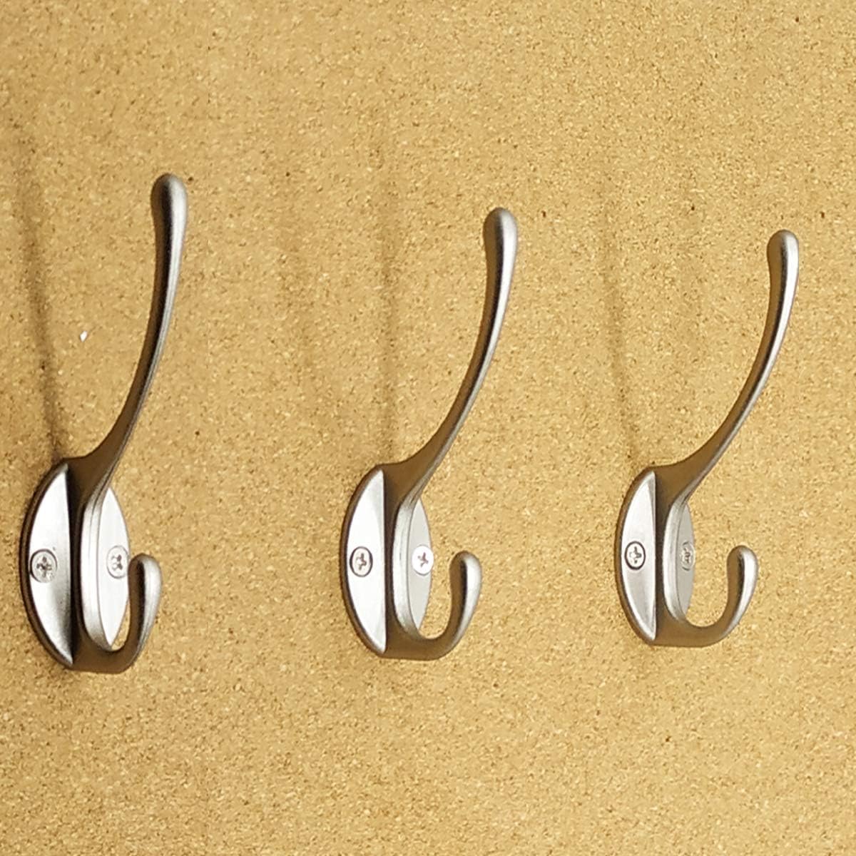 10 Pack Dual Coat Hooks Wall Mounted with 40 Screws Retro Double Hooks Utility Silvery Hooks for Coat, Scarf, Bag, Towel, Key, Cap, Cup, Hat (Silvery)