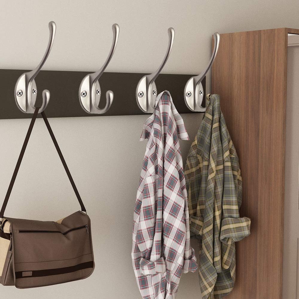 10 Pack Dual Coat Hooks Wall Mounted with 40 Screws Retro Double Hooks Utility Silvery Hooks for Coat, Scarf, Bag, Towel, Key, Cap, Cup, Hat (Silvery)