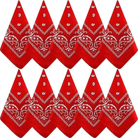 Red paisley bandana set, folded triangular scarves with white motifs