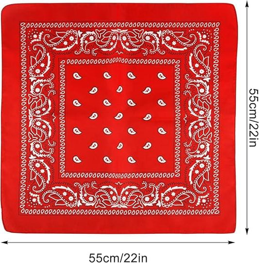 Red paisley bandana, square scarf with border and heart motifs, 55x55 cm