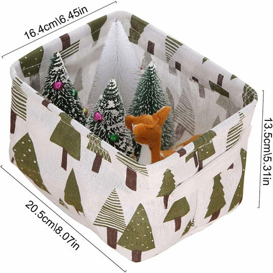 Green tree-pattern foldable fabric storage basket with handles and water-resistant lining