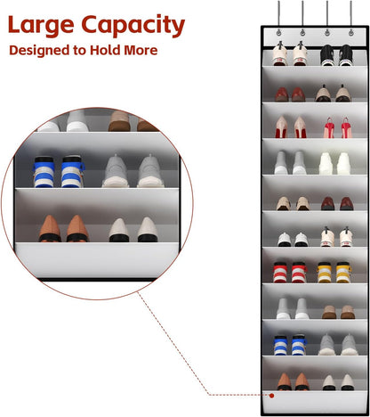 10 Tiers White Over Door Shoe Organizer Storage, Hanging Shoe Holder for Door with Large Deep Pockets, Fit 20-30 Pairs Shoe Rack for Sneakers, Boots. (White)