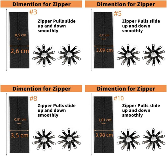 Black nylon coil zipper size chart showing #3, #5, #8, #10 measurements
