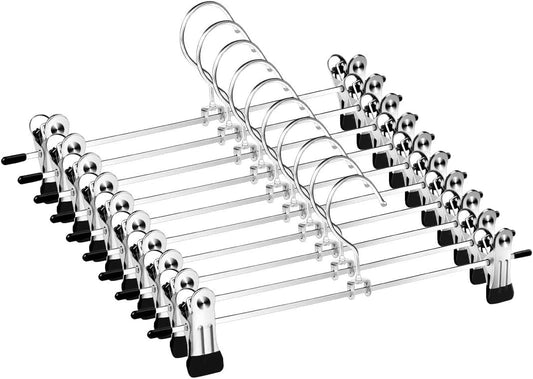 Chrome pants hanger set with multiple rotating clip bars and black anti-slip ends