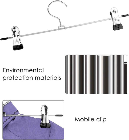 Chrome clothes hanger with black anti-slip clips and curved metal hook
