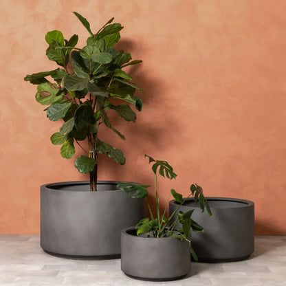 Dark grey plant pot set with three cylindrical planters holding a leafy plant