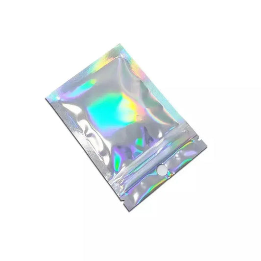 Iridescent holographic zip storage bag with round hanging hole and sealed top