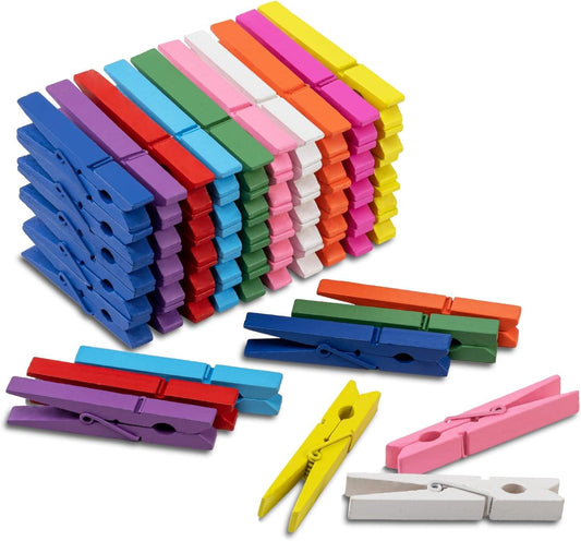 Colorful wooden clothespin set, assorted rainbow pins and a few loose clips
