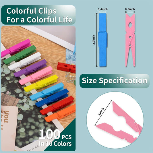 Small wooden clothespins in blue and pink, shown with size guide