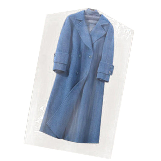 Semi-transparent PE hanging garment bag showing blue coat sleeves and buttons