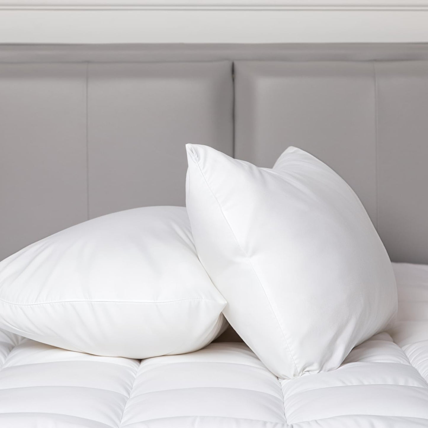 White cotton-covered pillows on bed, plush poly-filled cushions