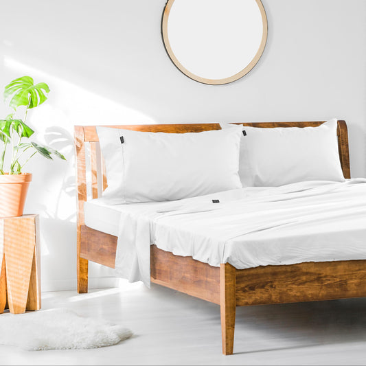 King single sheet set, white cotton-rich bedding with pillowcases and fitted sheet